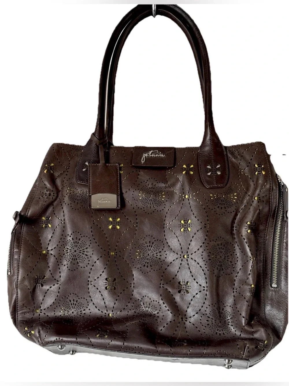 Petunia Pickle Bottom Brown Pierced Leather Floral Lime Lining Diaper Bag Tote